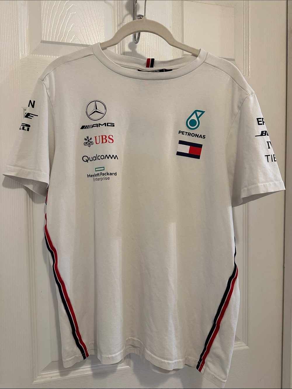 Mercedes AMG Petronas White Team Logo Tee with Red & Black Stripes
